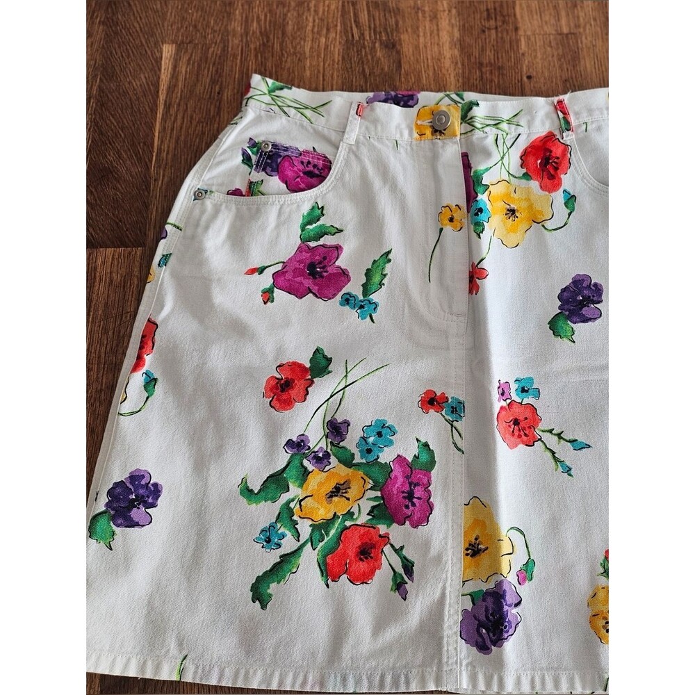 Vintage Carole Little White Floral Skirt with Purple, Red and Yellow Blooms